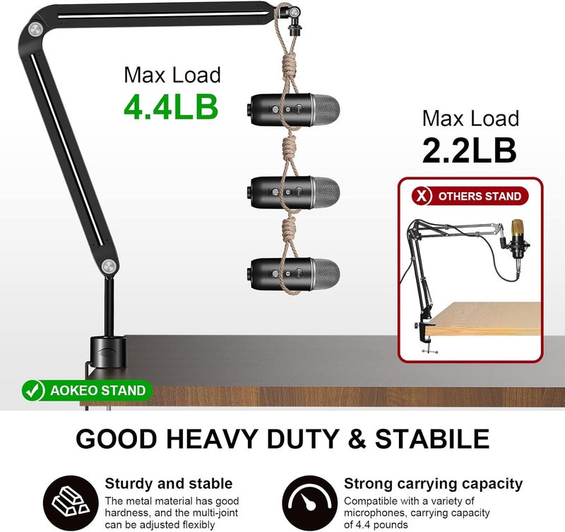 Aokeo Microphone Boom Arm, AK-45 Desk Adjustable Compact Mic Suspension Boom Scissor Arm Stand For Blue Yeti,Snowball iCE, HyperX QuadCast,SoloCast,Elgato Wave,Etc - Image 5